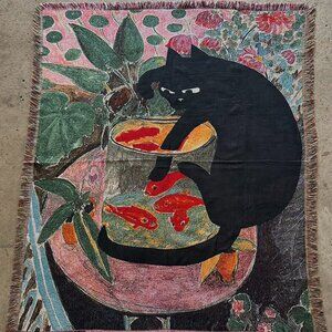 Black Cat & Goldfish Woven Tapestry Throw Blanket – Vintage Art Decor